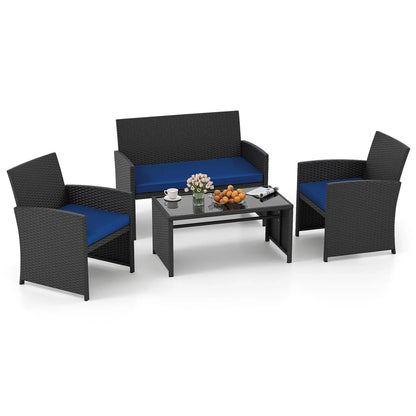 4 Pieces Patio Wicker Furniture Set, Rattan Cushioned Chairs, Loveseat and Tempered Glass Coffee.