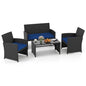 4 Pieces Patio Wicker Furniture Set, Rattan Cushioned Chairs, Loveseat and Tempered Glass Coffee.