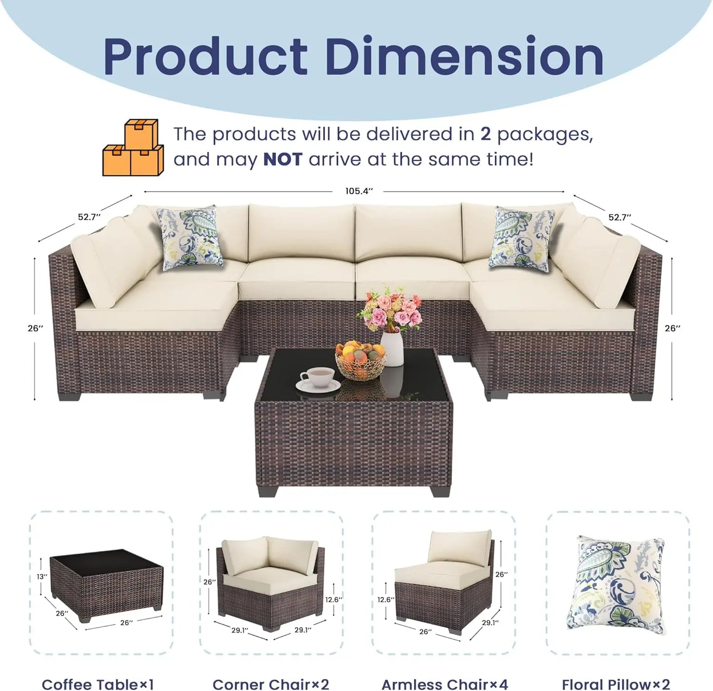 7 Piece Outdoor Patio Furniture Set, Outdoor Sectional Furniture, Rattan & Wicker Modern.