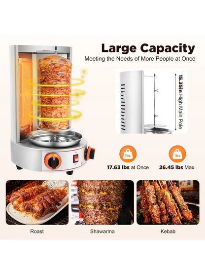 Electric Vertical Broiler 360° rotating Gas Rotisserie Grill Machine, 2 Burner for Commercial Home Kitchen