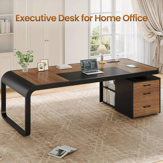 70.9" Executive Desk, Large Computer Desk with Drawers and Lateral File Cabinet.