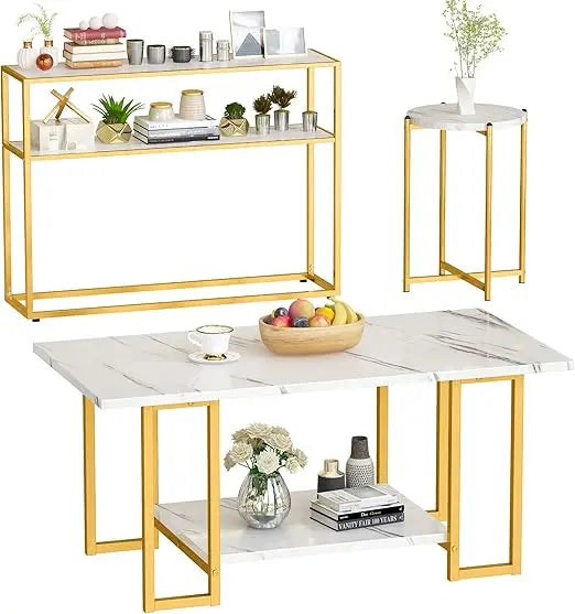 Faux Marble White Coffee Table Set with 3-Tier End Table and Console Tables, for Living Room