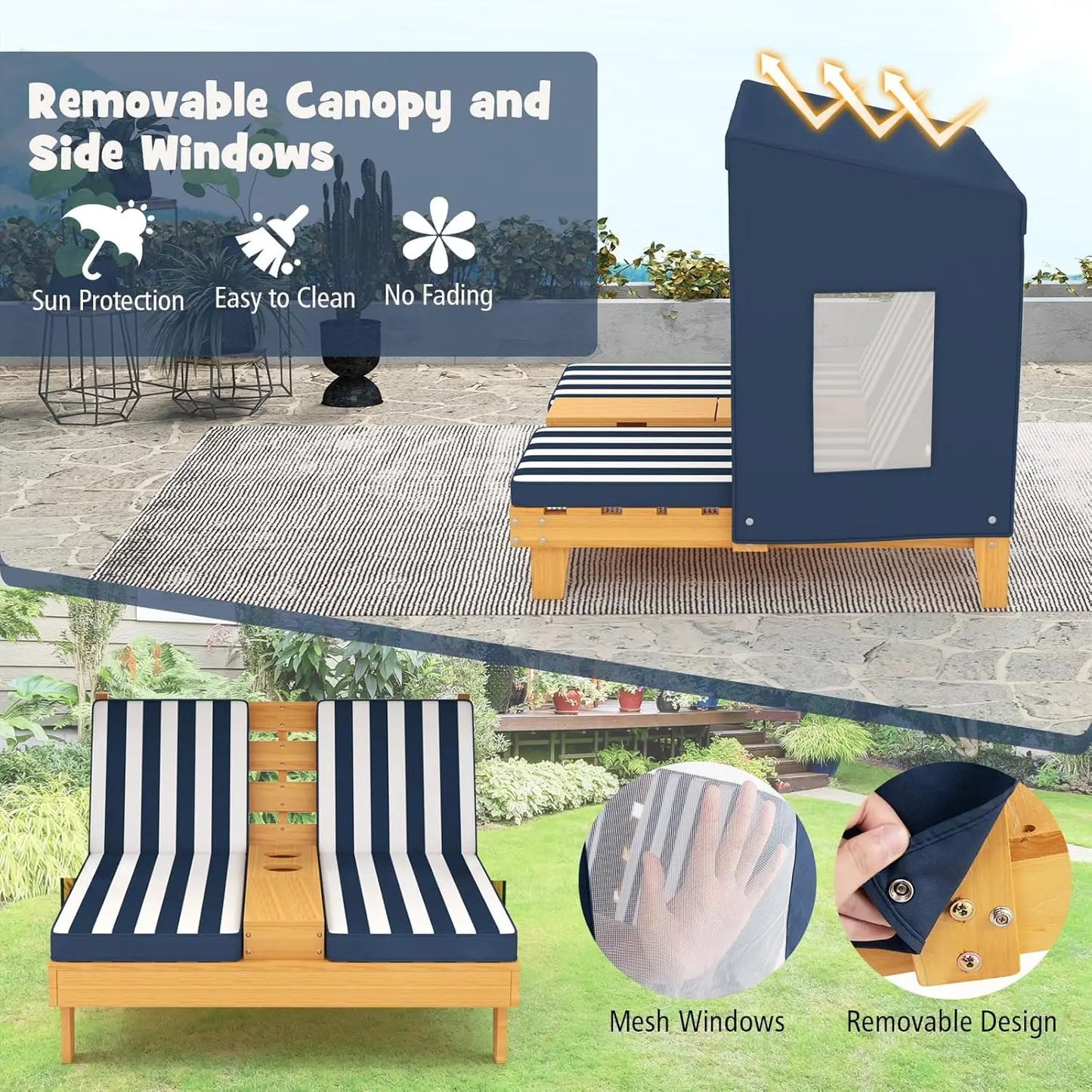 Kids Chaise Lounge Chair Outdoor, Wood Double Pool Lounger Chairs w/Canopy, Cup Holder.