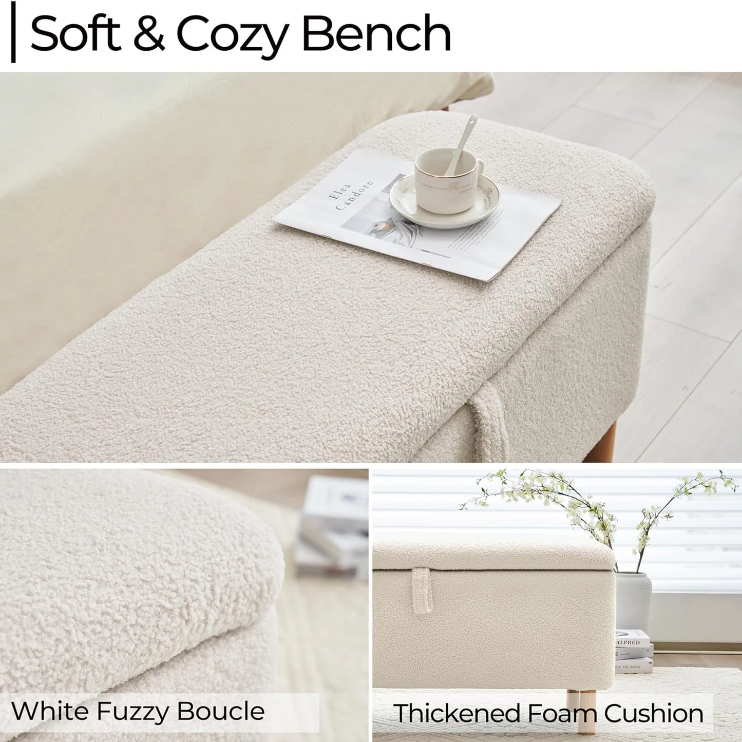 Storage Ottoman Bench for Bedroom end of Bed, Sherpa Upholstered Shoe Seat Storage.