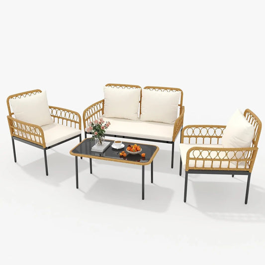 4-Piece Rattan Patio Set with Loveseat, 2 Chairs & Glass Table, Outdoor Furniture For Backyard- Porch.