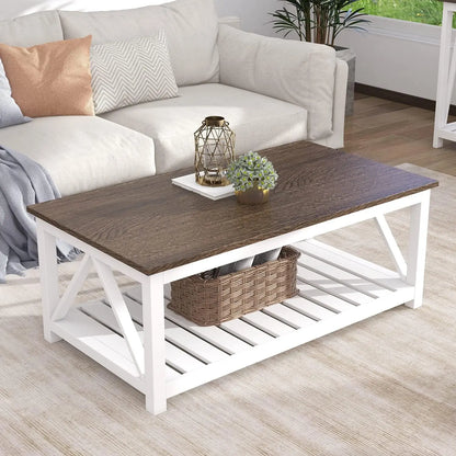Rustic Vintage Coffee Table with Shelf, Farmhouse Style Living Room Furniture in White, 40 Inches