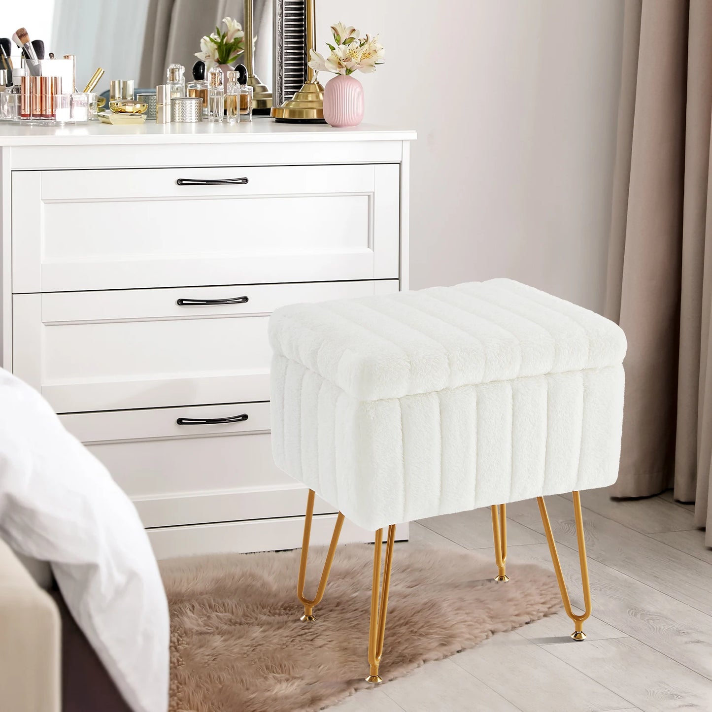 Faux Fur Living Room Hidden Storage Stools & Ottomans Padded with 4 Metal Legs Anti-Slip Adjustable Feet.