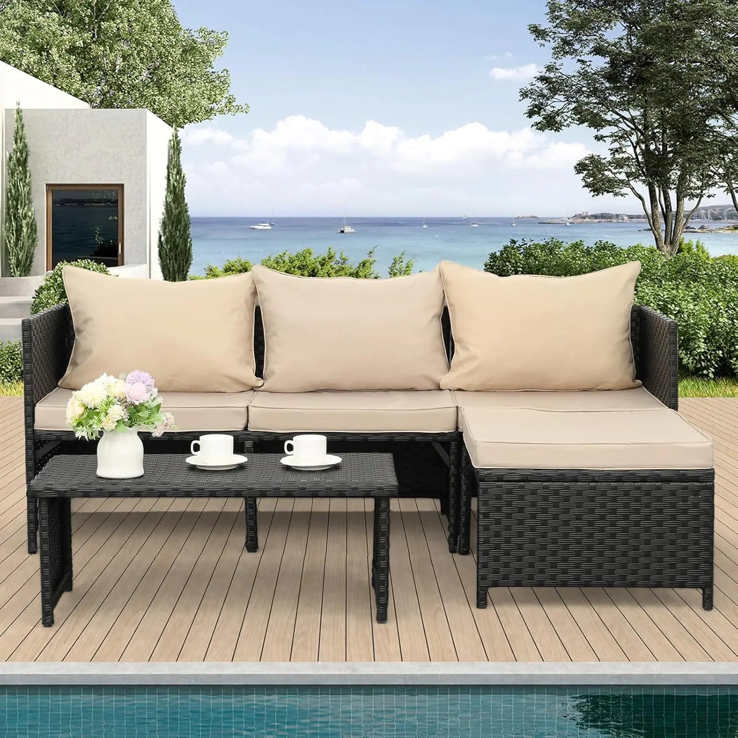 3-Piece Outdoor PE Rattan Furniture Set Patio Black Wicker Conversation Loveseat Sofa Sectional.