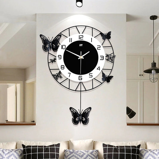 20inch Large Round Butterfly Wall-mounted Clock Creative Iron Craft Modern Metal Quartz Clock.