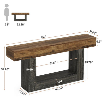 Tribe signs 63" Console Table, Farmhouse 2-Tier Entryway Table with U-Shaped Base, Narrow.