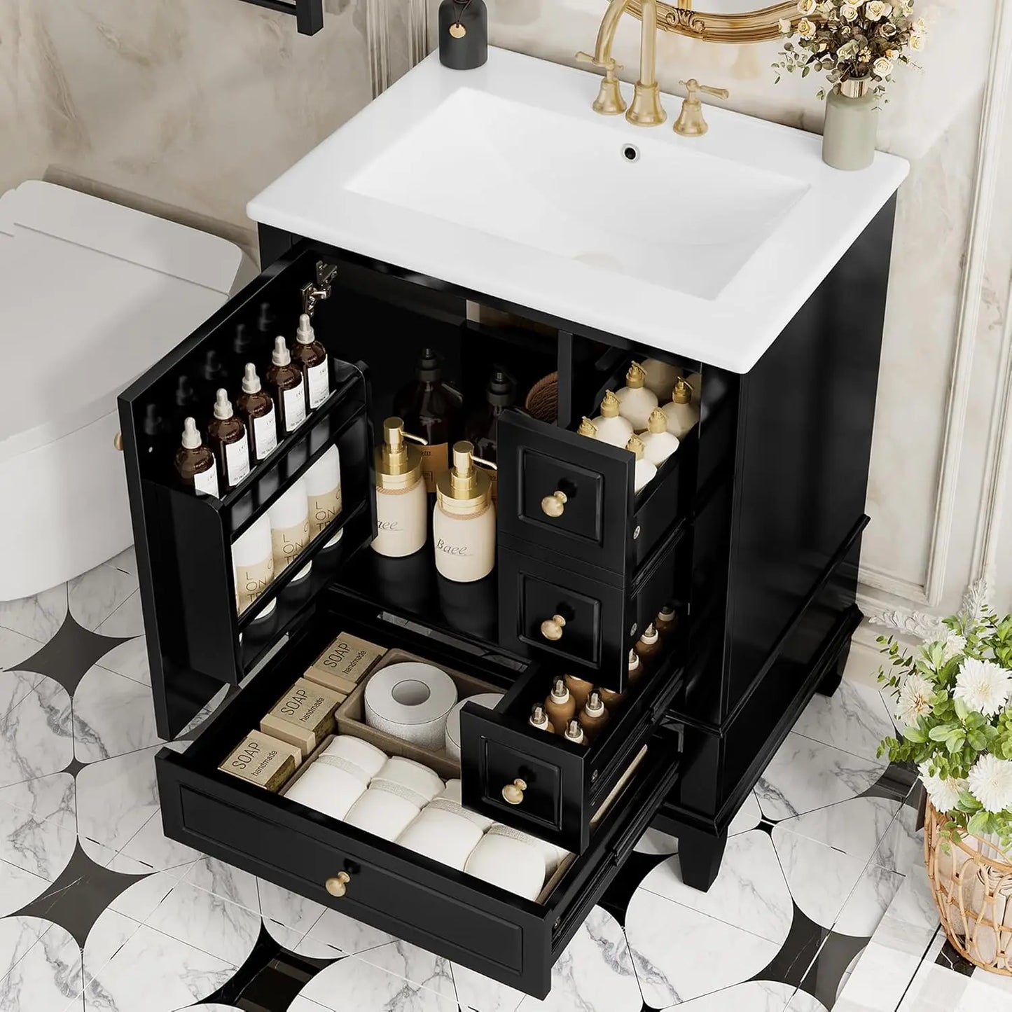 24" Bathroom Vanity with Sink,  Free Standing Single Vanity, with 3 Drawers and One Door, Customized