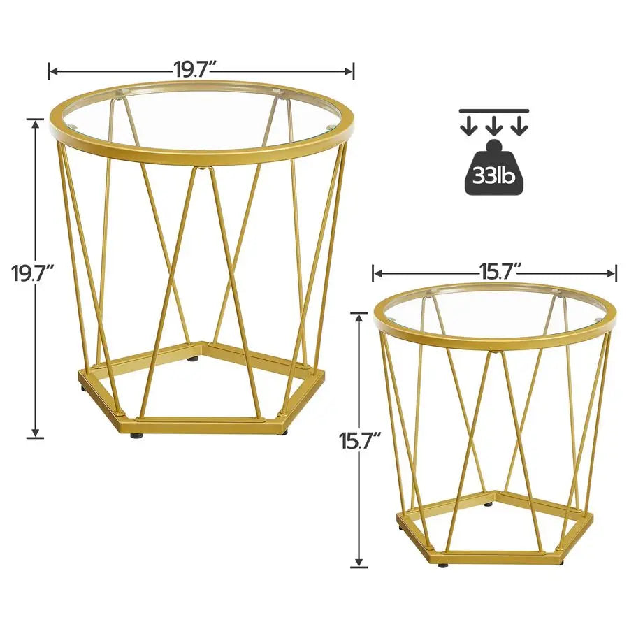 Small Coffee Table Set of 2, Round End Table with Metal Frame, Glass Tabletop, for Living Room, Bedroom.