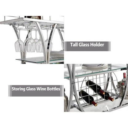 Silver Bar Cart with Glass Holders & Wine Rack, 3 Tier Serving Carts with Glass Shelves, Metal Rolling Bar.
