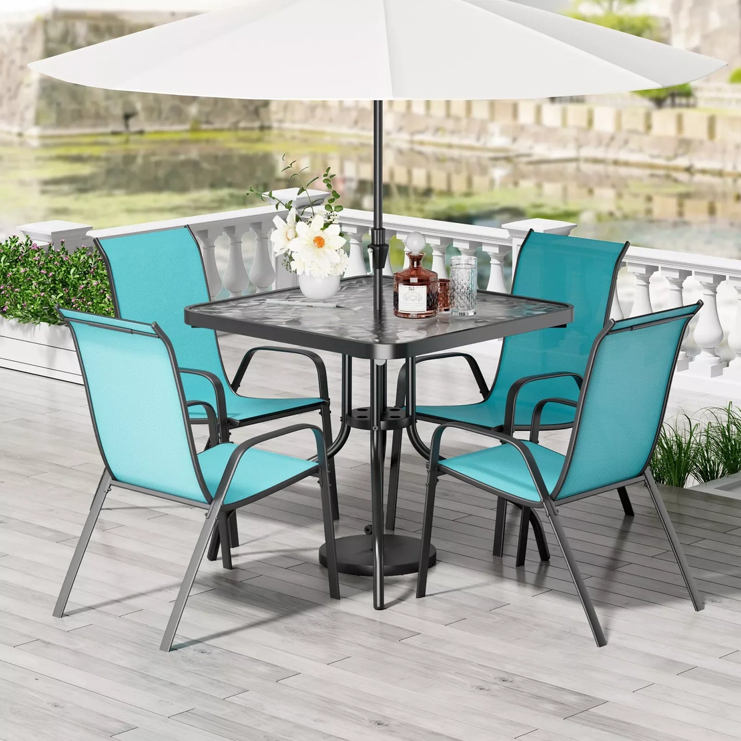 Patio Dining Set 5 Pieces, All Weather Outdoor Furniture W/ 30"x30" Table and 4 Stackable Chairs.