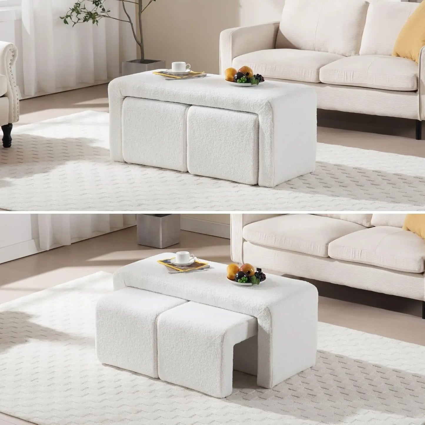 40.5" Wide Upholstered End of Bed Bench with 2 Small Stools Sherpa Comfy Entry Bench Vanity Stools.