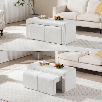 40.5" Wide Upholstered End of Bed Bench with 2 Small Stools Sherpa Comfy Entry Bench Vanity Stools.