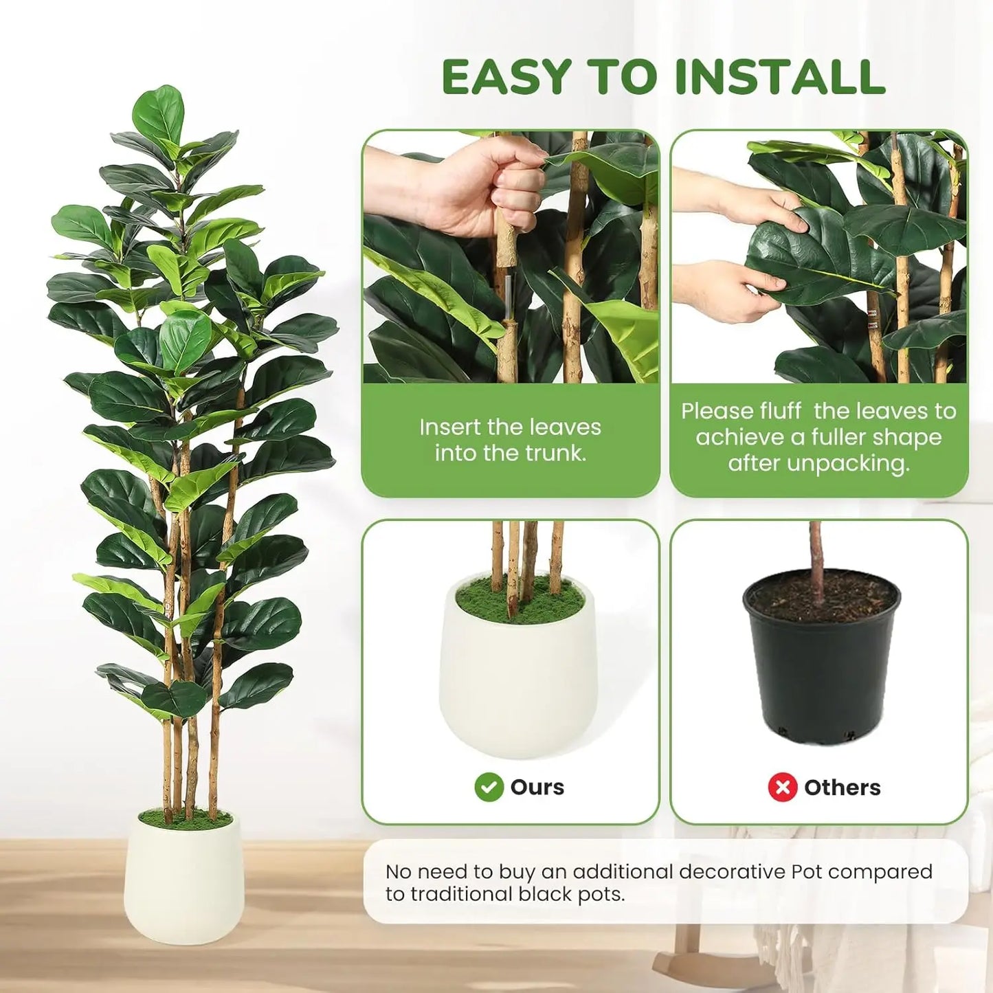 5/6/7 FT Artificial Fiddle Leaf Fig Tree with Pot Faux with Artificial Plants for Home