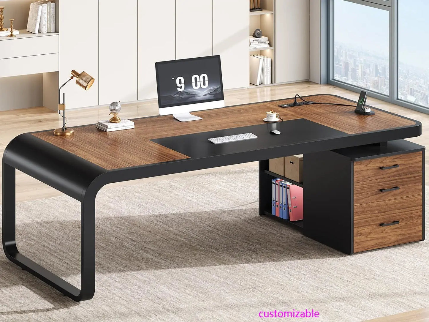 70.9" Executive Desk, Large Computer Desk with Drawers and Lateral File Cabinet.