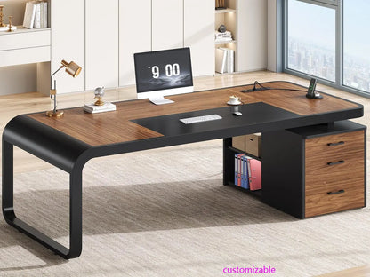 70.9" Executive Desk, Large Computer Desk with Drawers and Lateral File Cabinet.