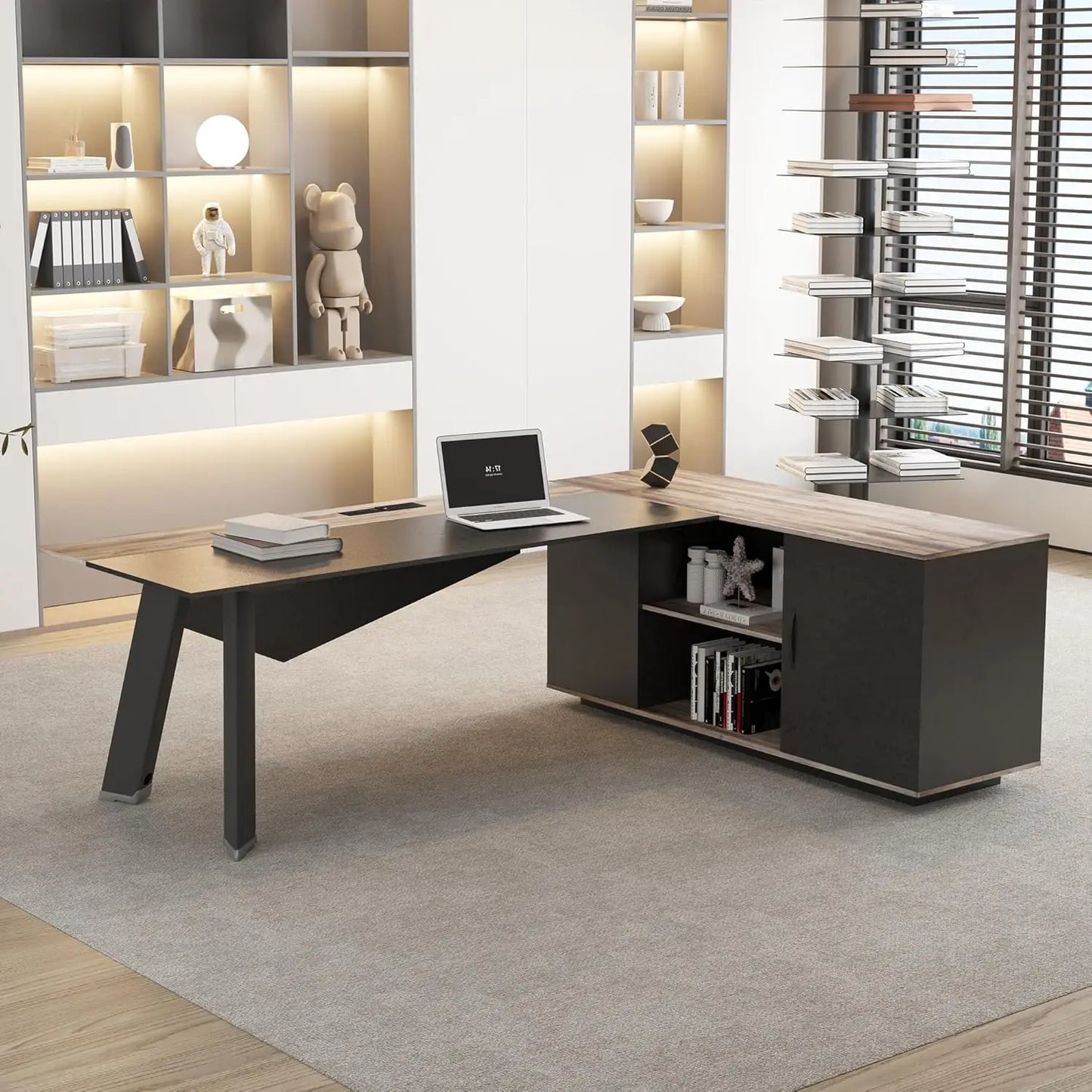 63in L-Shaped Executive Desk with 47" lateral File Cabinet/Storage Shelves Business Table Computer Home Office