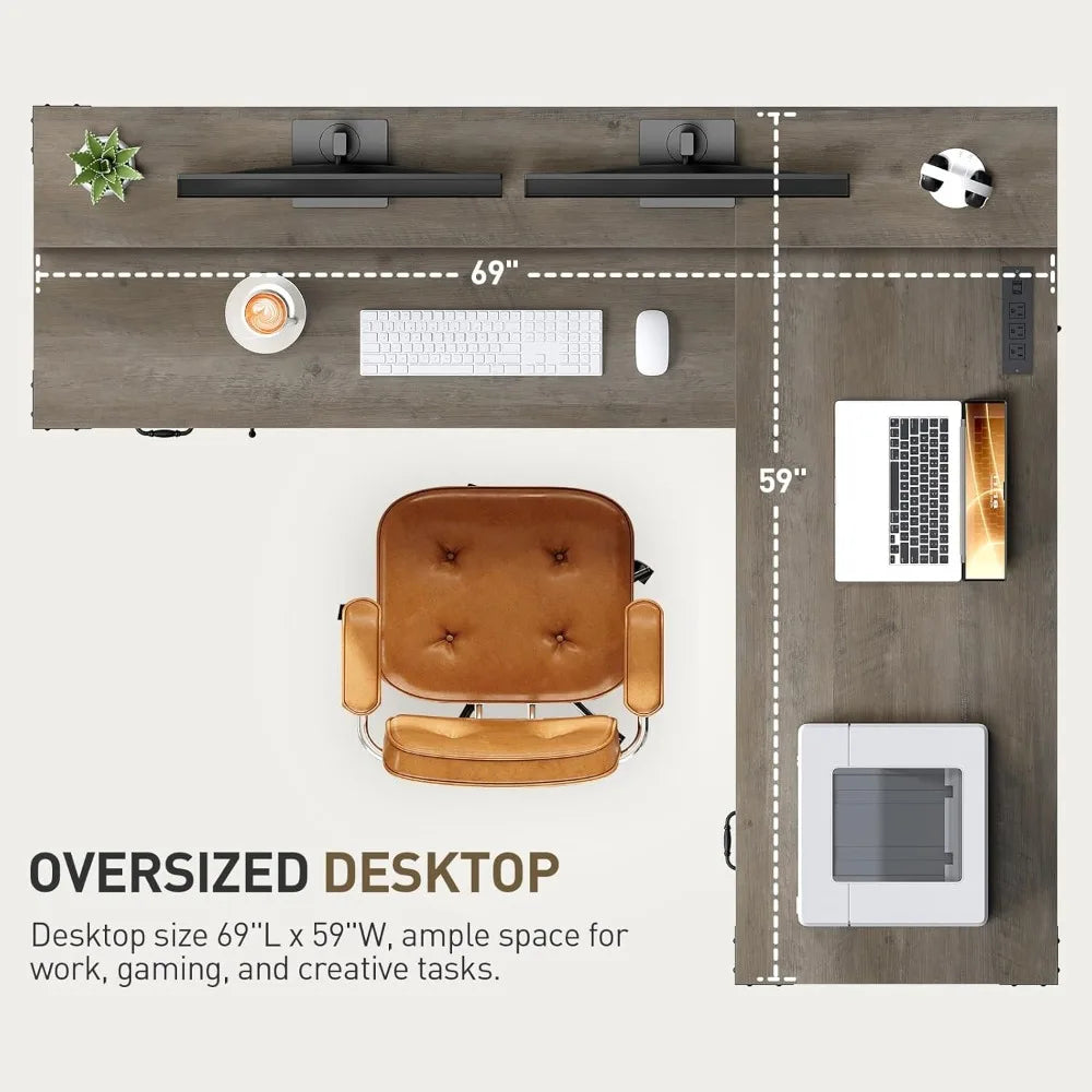 L-Shaped Corner Office Computer Desk with Charging Station, Monitor Stand, Drawers & Storage Cabinet.