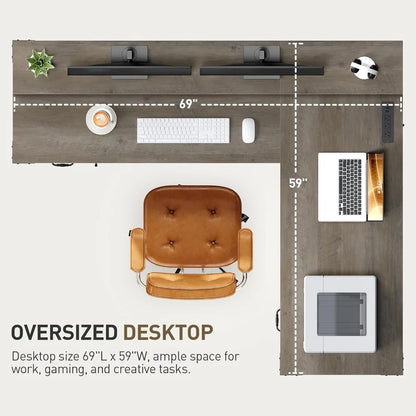 L-Shaped Corner Office Computer Desk with Charging Station, Monitor Stand, Drawers & Storage Cabinet.