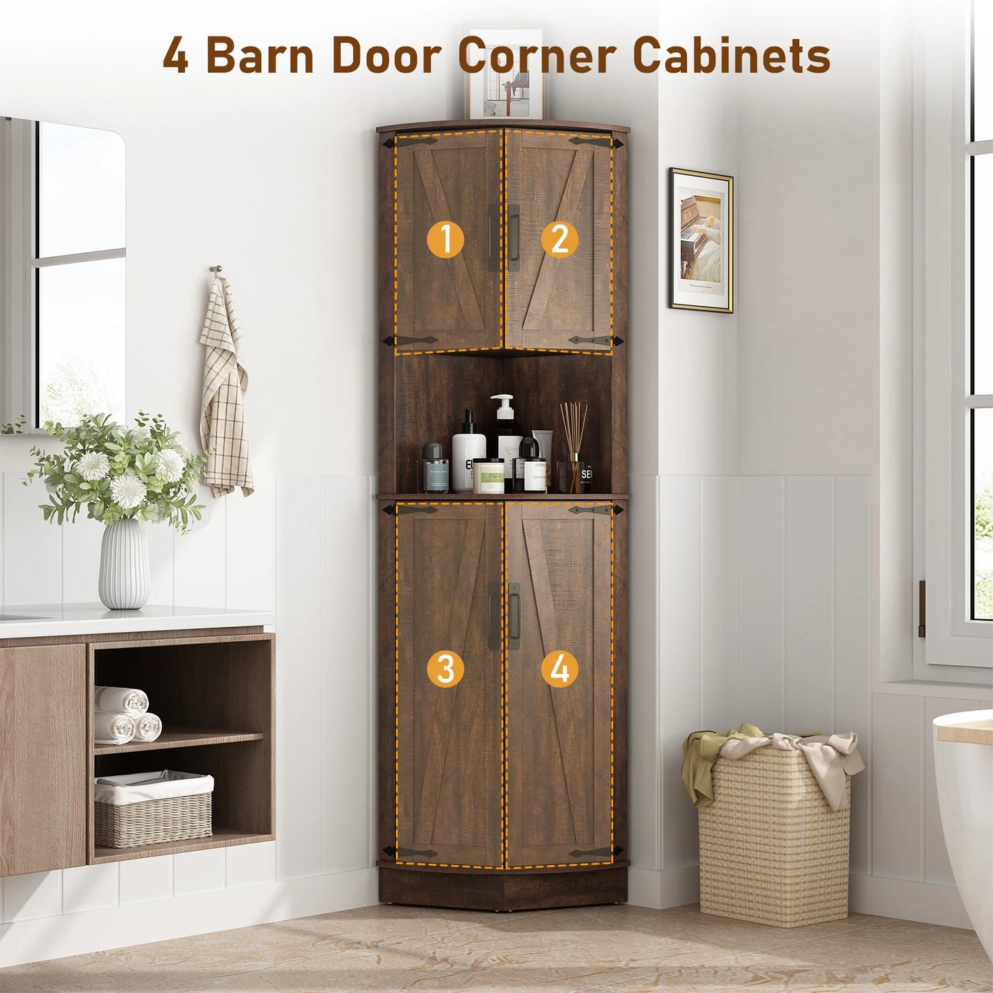 Bathroom Storage Tall Cabinet, 67" Corner Storage Cabinet with Barn Doors and Adjustable Shelf.