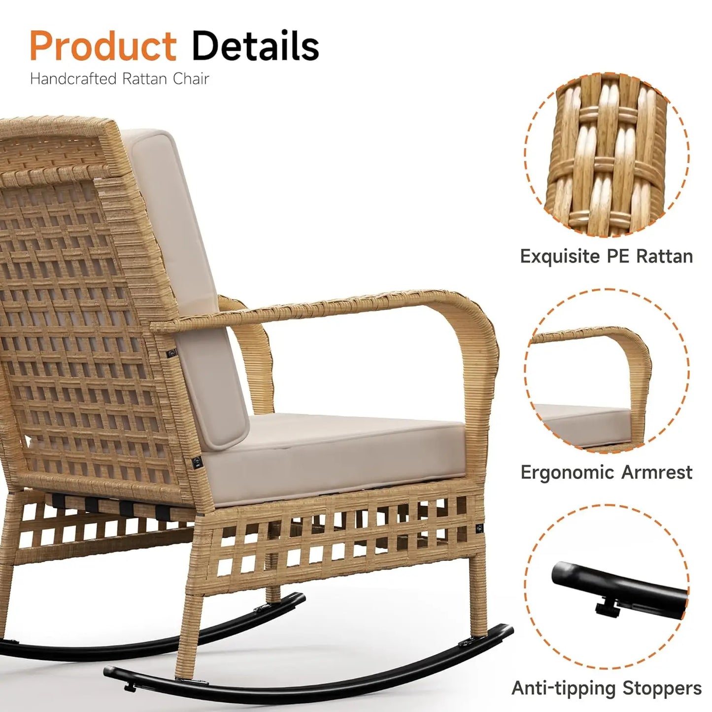 Outdoor Rocking Chair, 3 Pieces Wicker Rocking Bistro Set with Rattan Table.