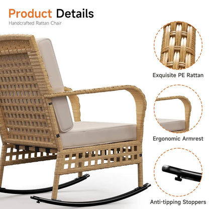 Outdoor Rocking Chair, 3 Pieces Wicker Rocking Bistro Set with Rattan Table.