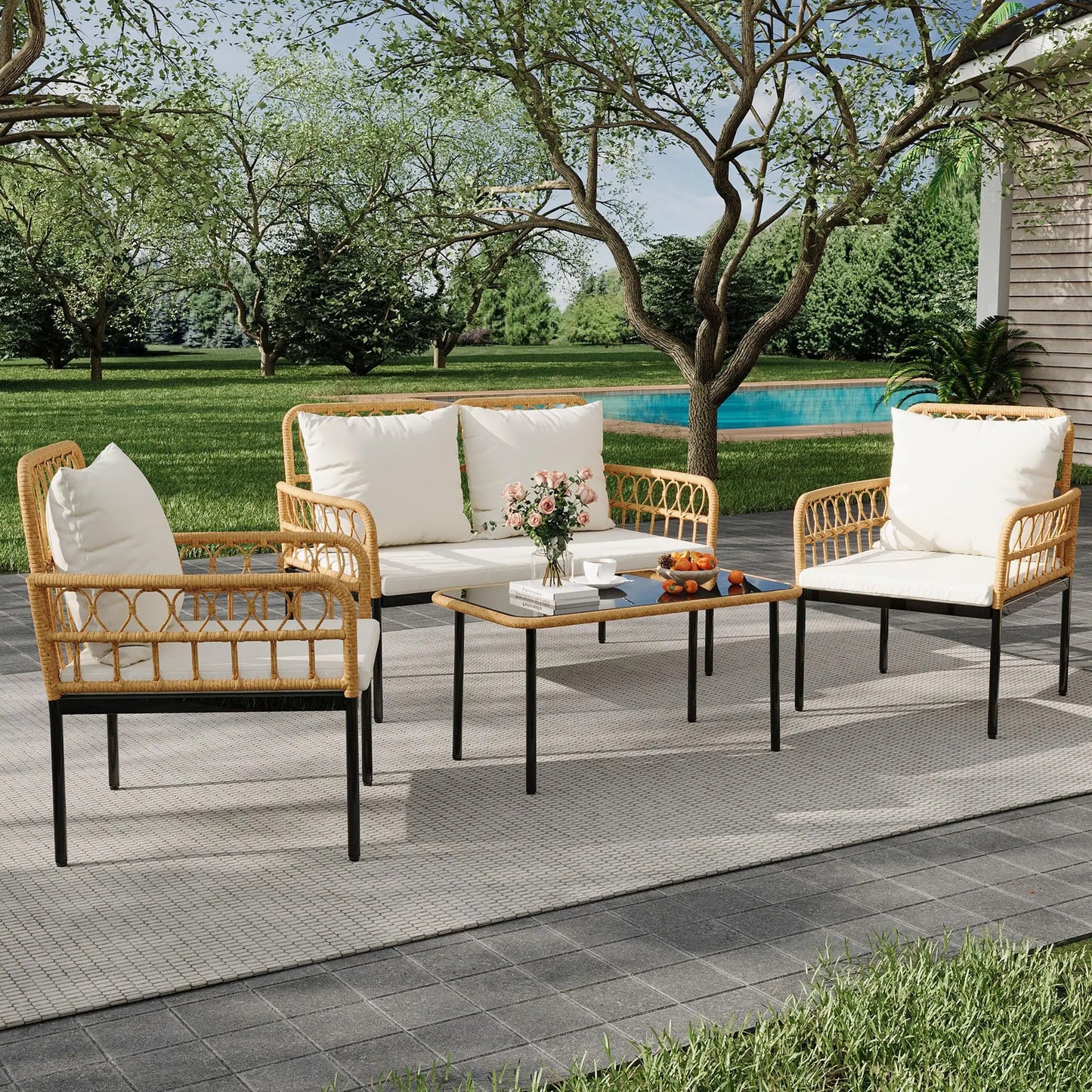 4-Piece Rattan Patio Set with Loveseat, 2 Chairs & Glass Table, Outdoor Furniture For Backyard- Porch.
