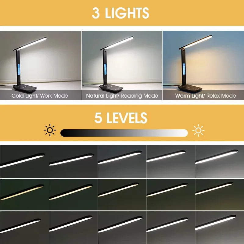 10W QI Wireless Charging LED Desk Lamp USB Charging Port Sliding, Dimmable, Auto Timer.