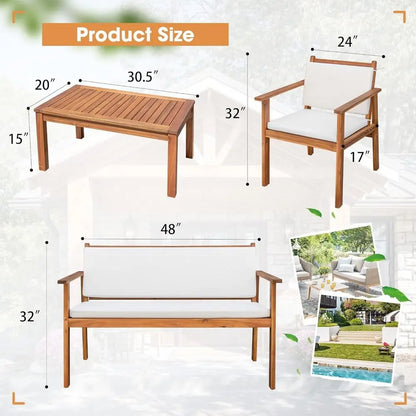 Patio Furniture 4 Piece Acacia Wood Outdoor Conversation Sofa Set with Table .