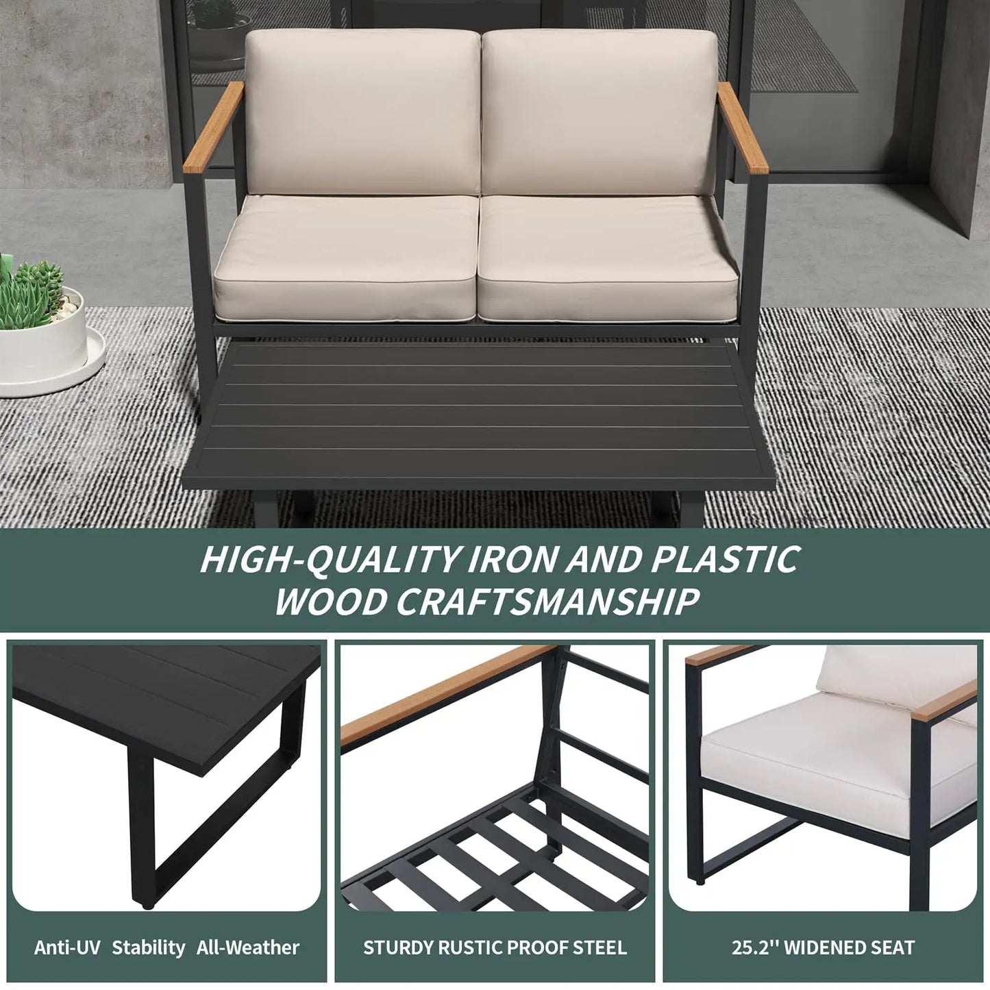 4-Piece Outdoor Patio Set, Metal, Sofa with Washable Cushions, 2 Chairs & Coffee Table