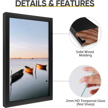 16x24 Solid Wood Black Frame with Tempered Glass for Wall Display.