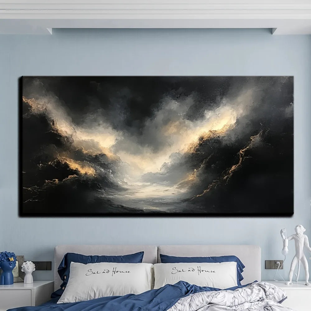 Abstract black gold texture modern art oil painting, pine solid wood frame.