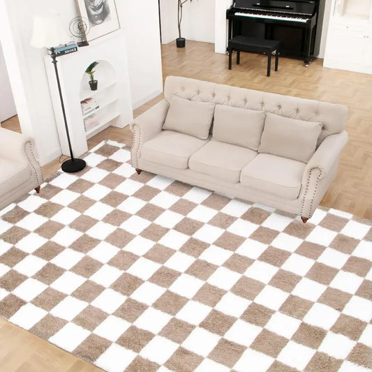 Soft Rug for Bedroom, 6x9 Ft Beige and White Area Rug Classic Checkered Shaggy Antiskid.