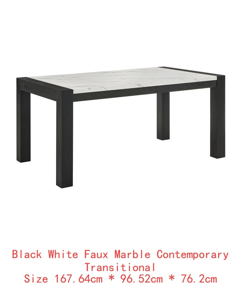 Contemporary 7pc Dining Set with White Faux Marble Rectangular Table and Full Back Upholstered Chairs.