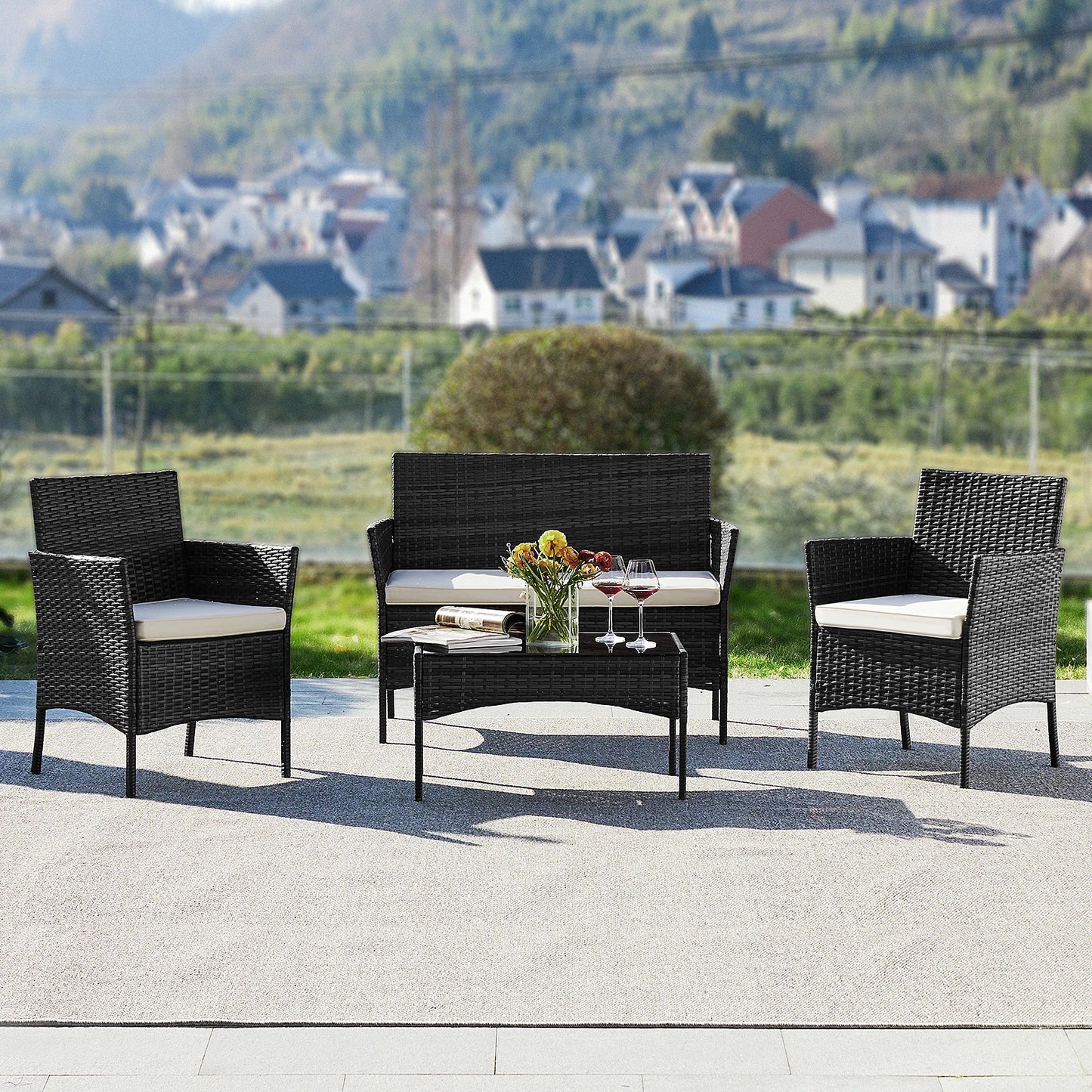 4 Piece Outdoor Patio Furniture Set with Soft Cushion, Glass Table Manual Weaving Wicker Rattan.