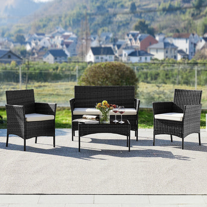 4 Piece Outdoor Patio Furniture Set with Soft Cushion, Glass Table Manual Weaving Wicker Rattan.