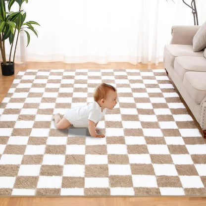 Soft Rug for Bedroom, 6x9 Ft Beige and White Area Rug Classic Checkered Shaggy Antiskid.