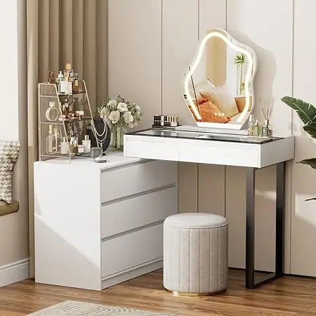 Modern L-Shaped Corner Vanity Desk with Glass Top, Mirror, and Lighting, Two Drawers.