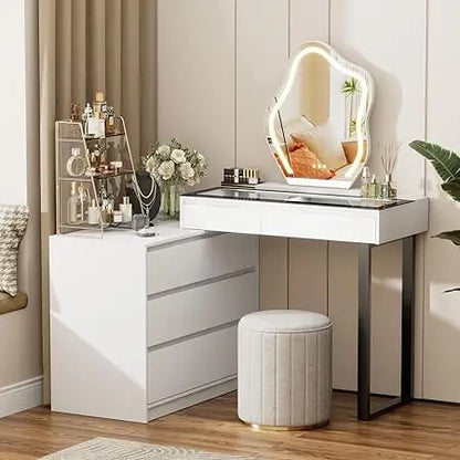 Modern L-Shaped Corner Vanity Desk with Glass Top, Mirror, and Lighting, Two Drawers.