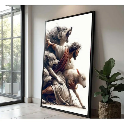 Black Framed Jesus and Lamb Canvas Wall Art Jesus Saves the Lost Sheep Christian Picture Wall Decor.