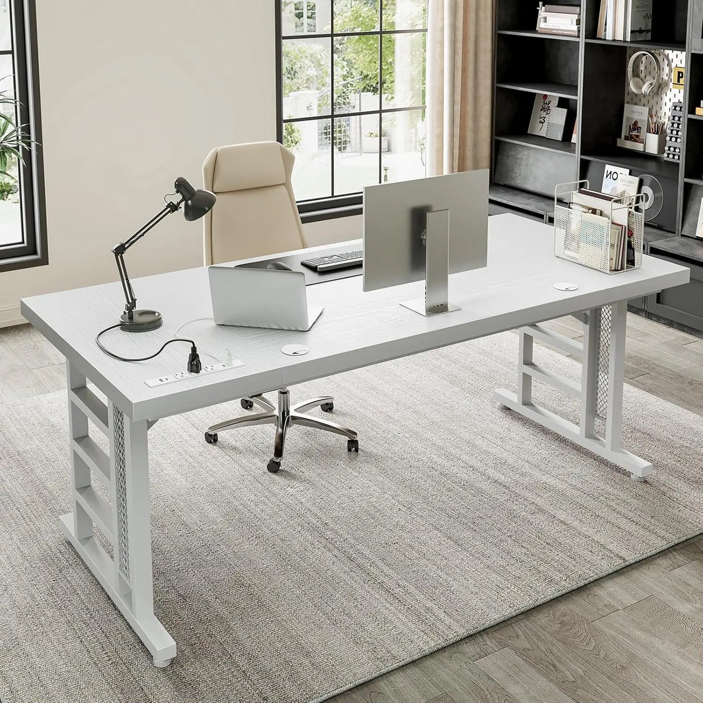 71 Inch Executive Desk with USB Ports, Large Computer Desk with Extra Thick, Office Desk, Furniture.