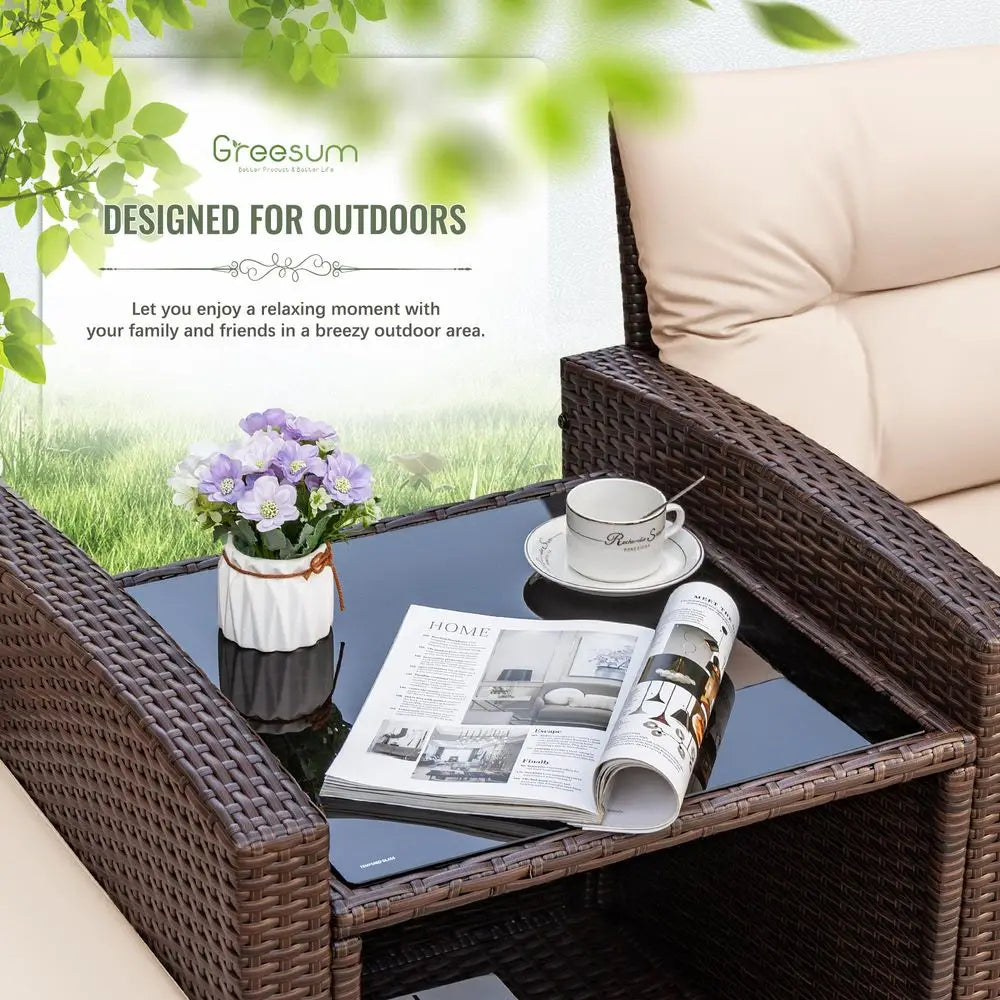 3 Pieces Patio Furniture Sets Outdoor PE Rattan Wicker Chairs & Table.
