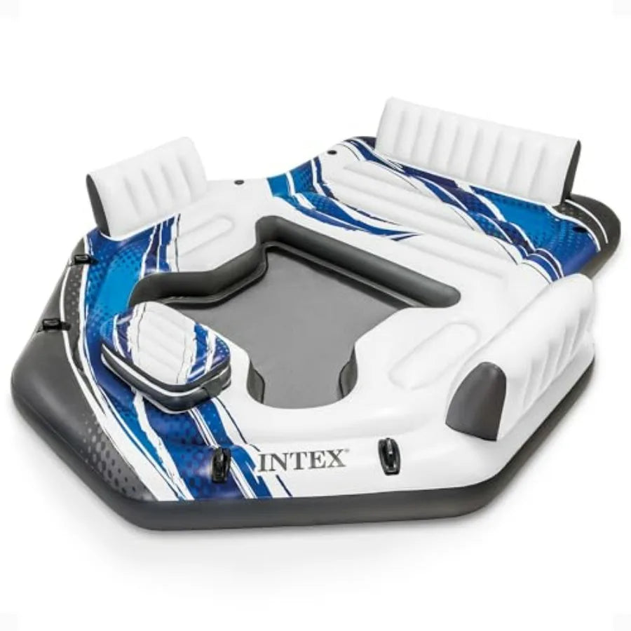 Blue Tropic Inflatable 5 Person Raft with Backrests Built-in Cooler and 4 Cupholders for Swimming Pool.