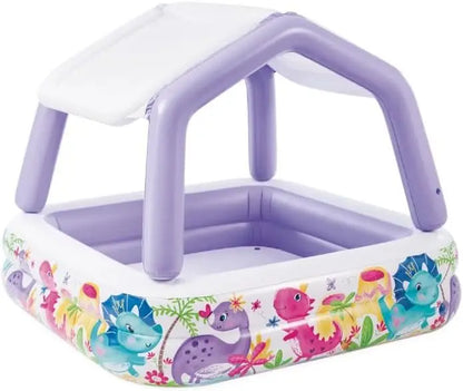 5-Foot Square Inflatable Durable Vinyl Kiddie Pool with Ocean Scene and Canopy for Ages 3+