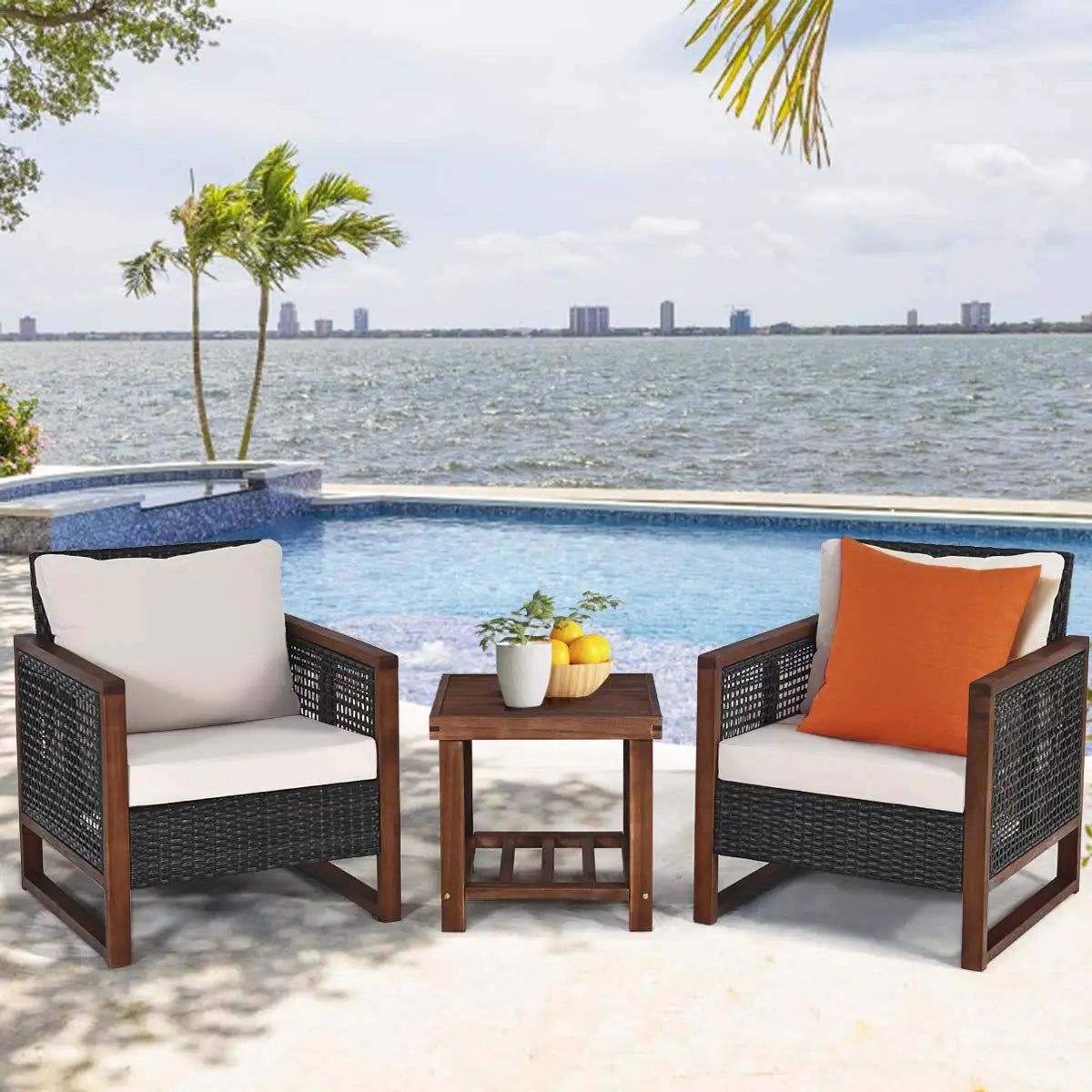 3 Pieces Patio Wicker Furniture Set, Rattan Outdoor Sofa Set w/Washable Cushion & Acacia Wood Coffee Table.