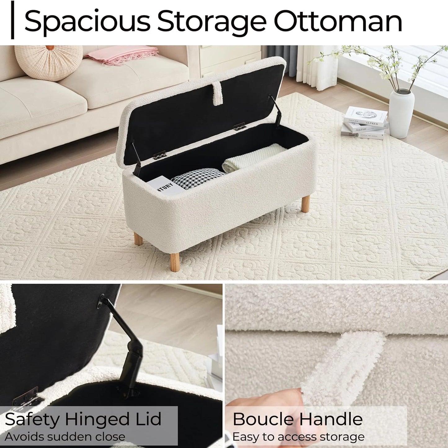Storage Ottoman Bench for Bedroom end of Bed, Sherpa Upholstered Shoe Seat Storage.