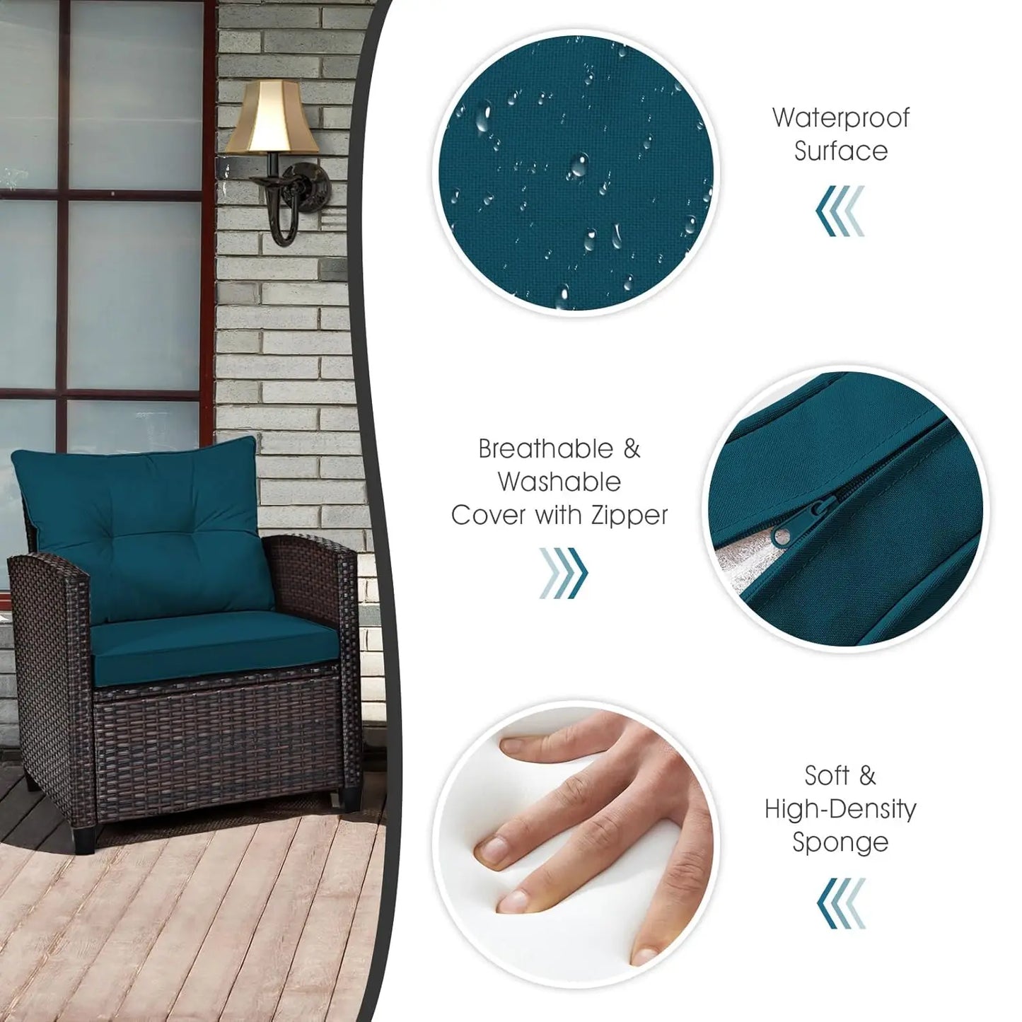 3 Pieces Patio Furniture Set, PE Rattan Wicker Outdoor Sofa Set w/Washable Cushion and Tempered Glass.